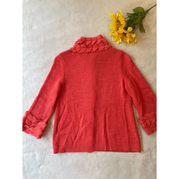 Anthropologie Moth Women's Coral Orange Wool Sweater With Leaf Appliqué Trim Y2K - Picture 2 of 11